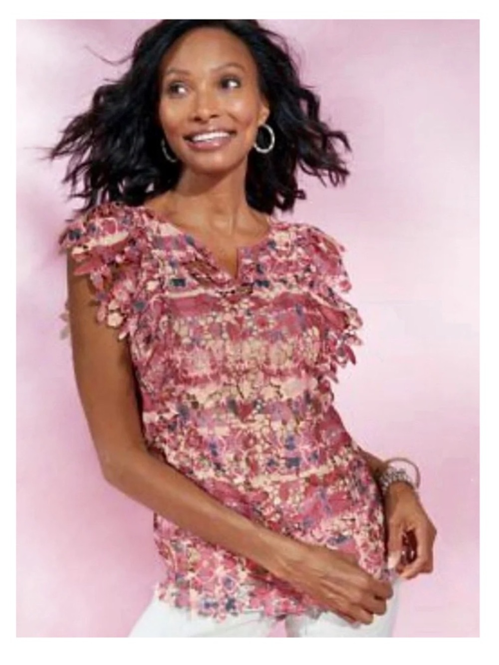 Soft Surroundings Lace Overlay Blouse Womens L Pink Burgundy Floral Ruffle EUC
